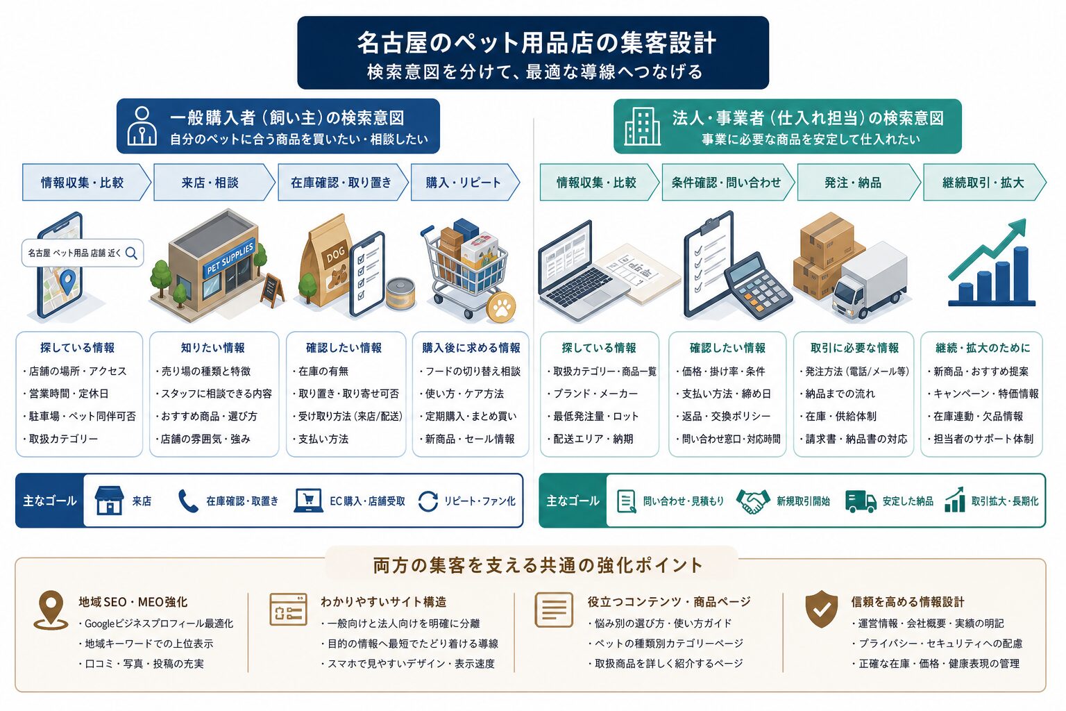 一般購入者と法人仕入れ担当者の検索導線を分けた図