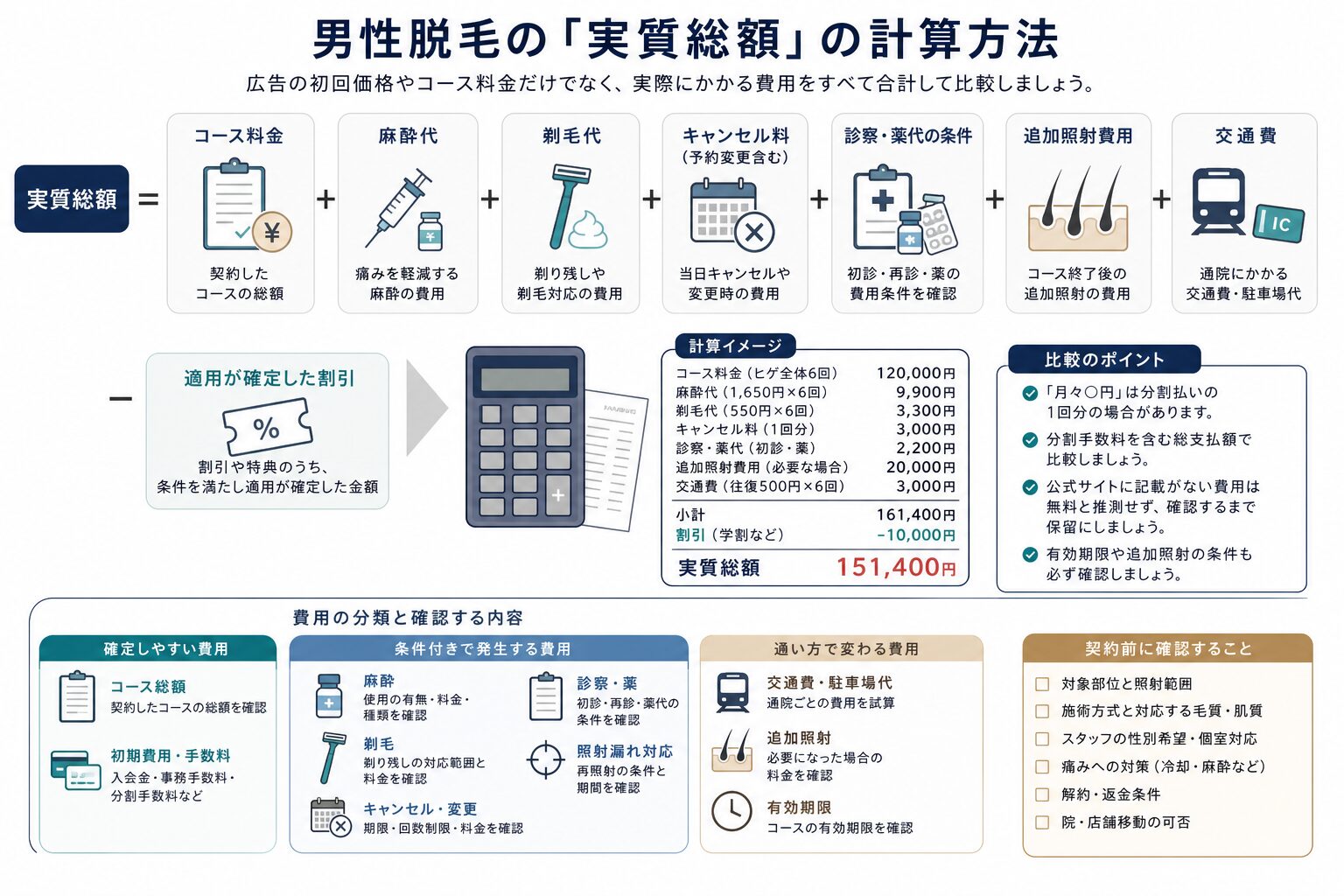 男性脱毛の実質総額を構成する費用項目の図