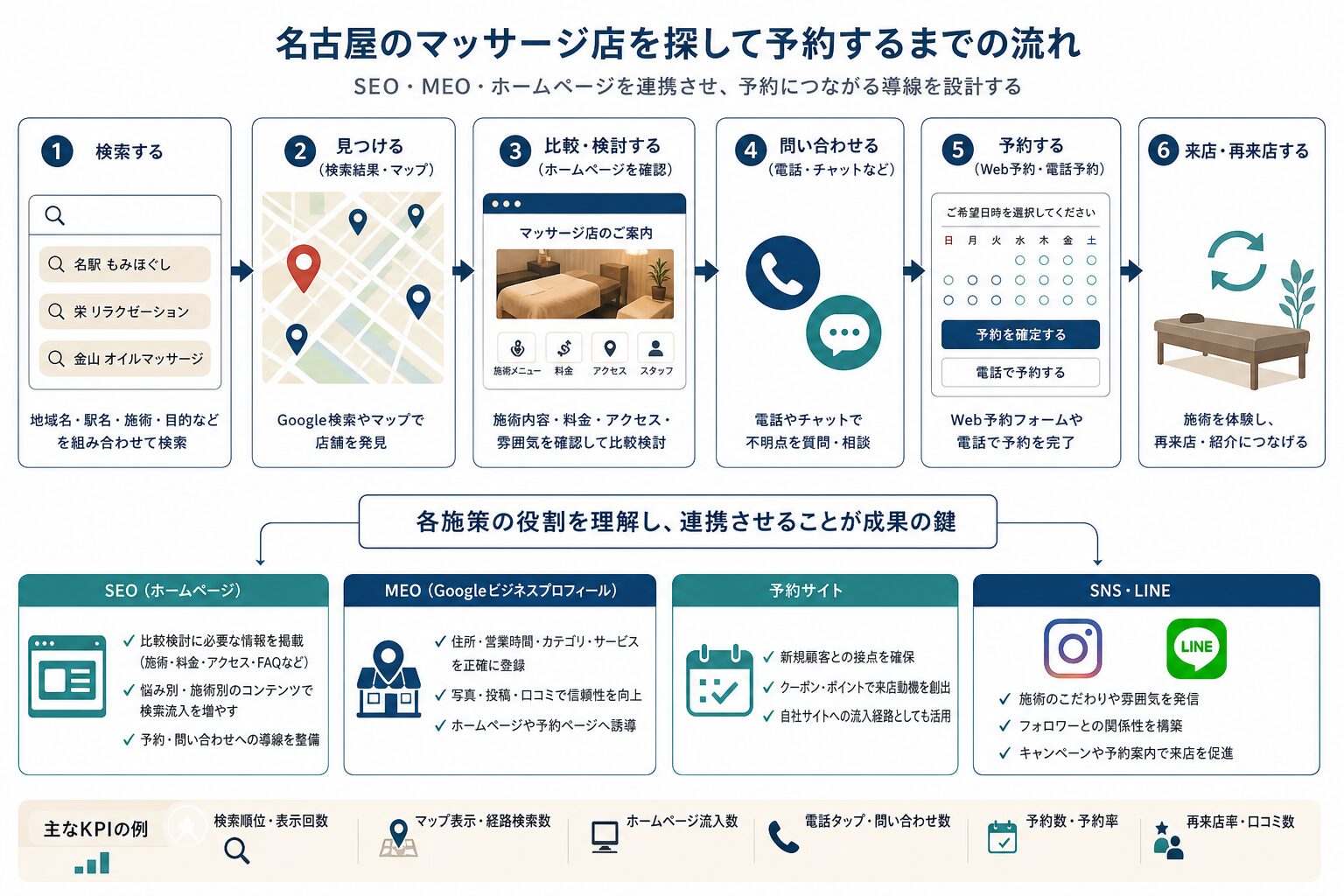 検索からGoogleマップ、ホームページ、予約へ進む店舗集客の流れ