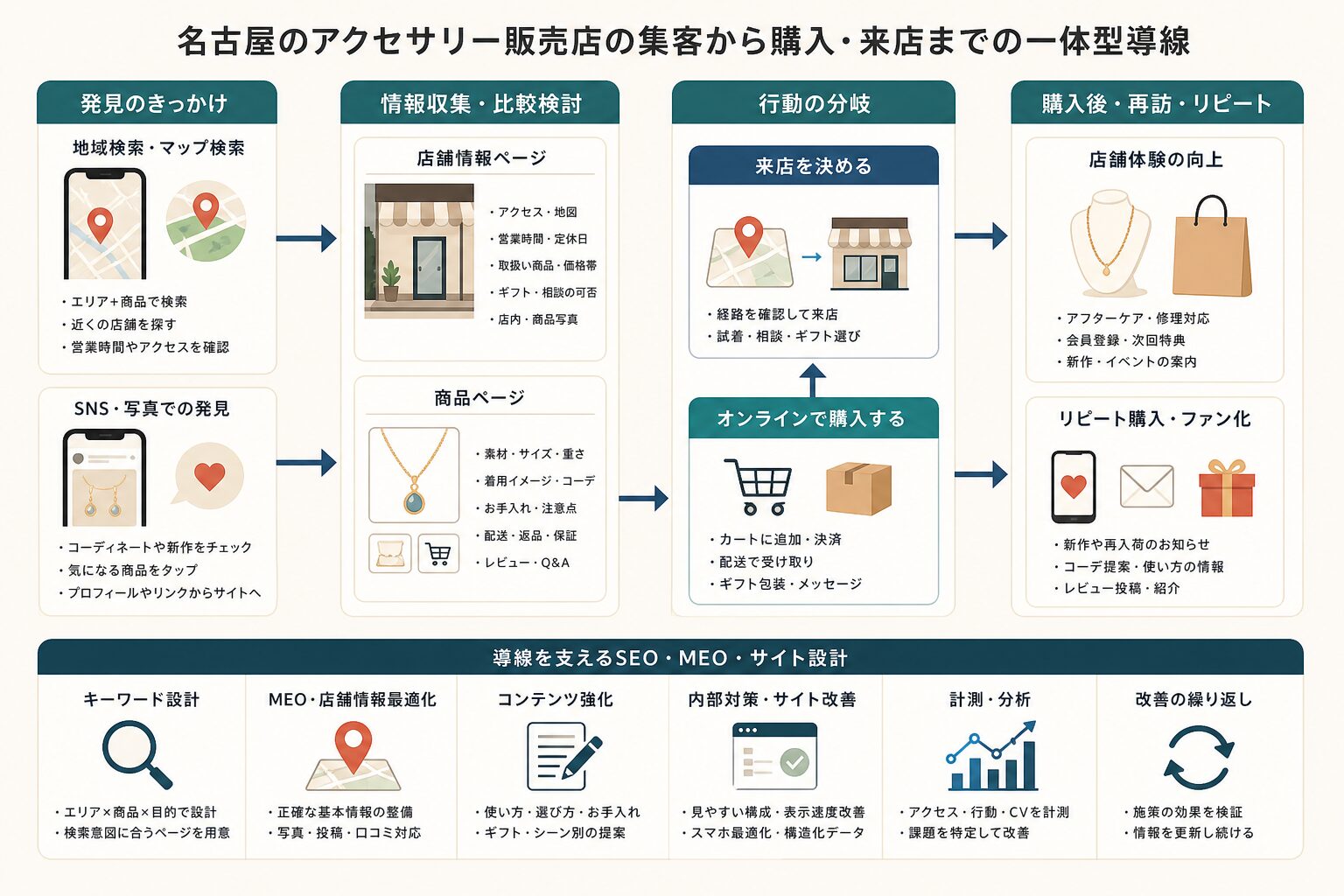 アクセサリー販売における実店舗・EC・SNSの集客導線イメージ