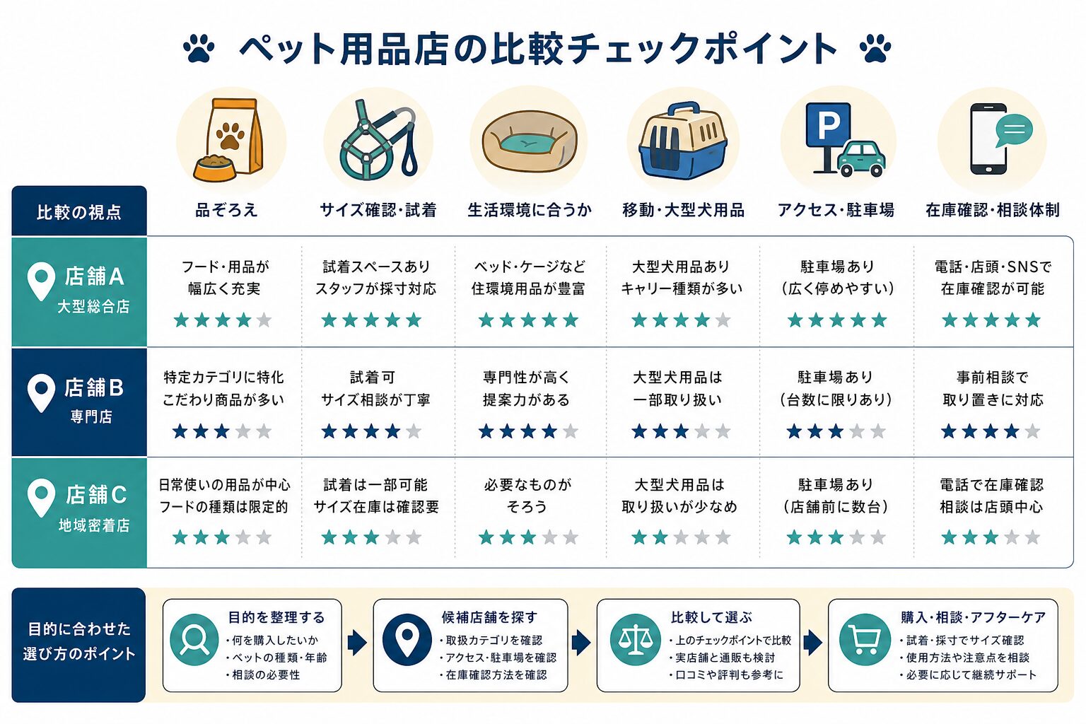 ペットグッズ店を選ぶ際の品ぞろえ・在庫・アクセス確認項目
