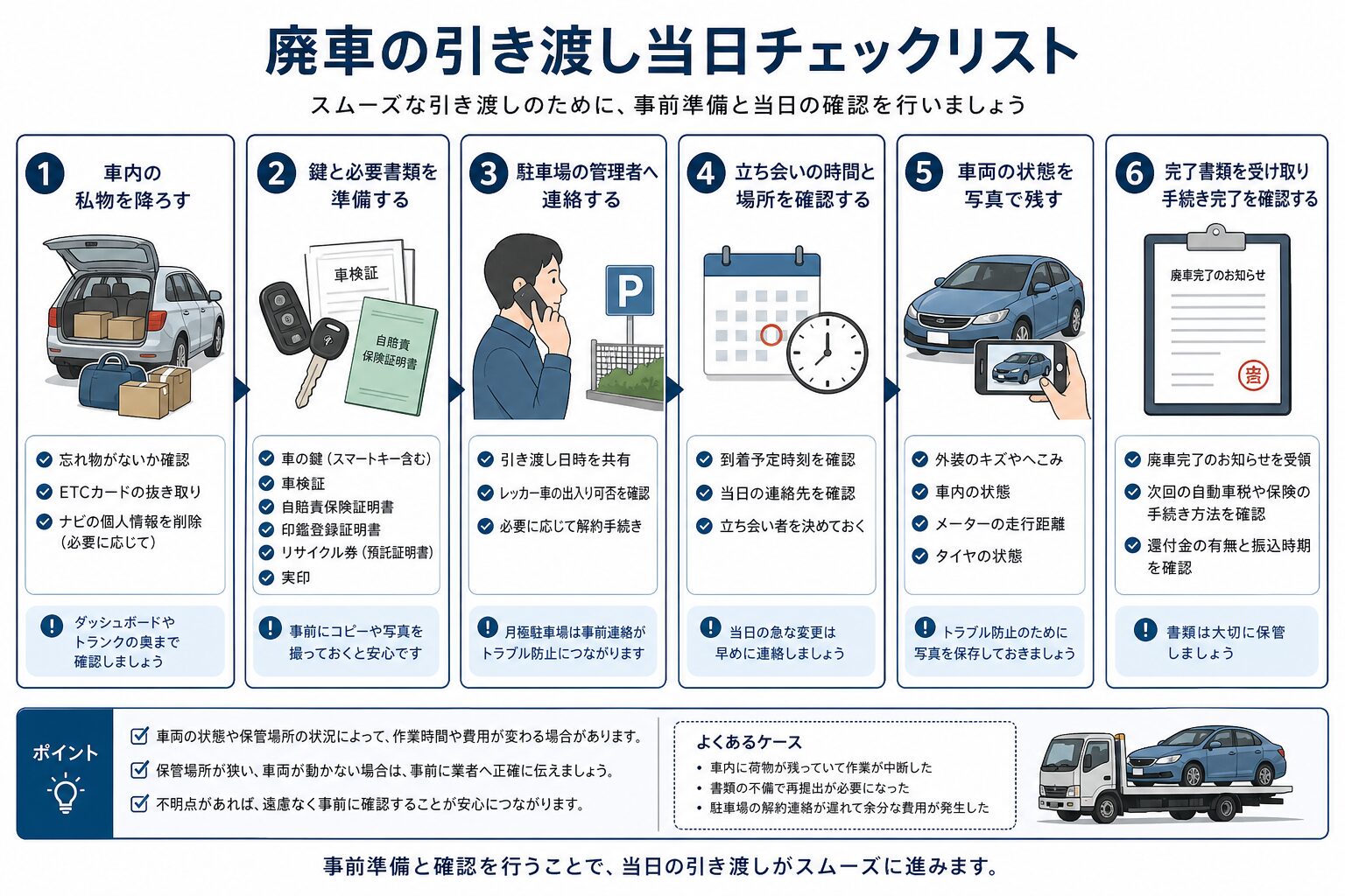 廃車引取当日の準備と確認事項を示すチェックリスト