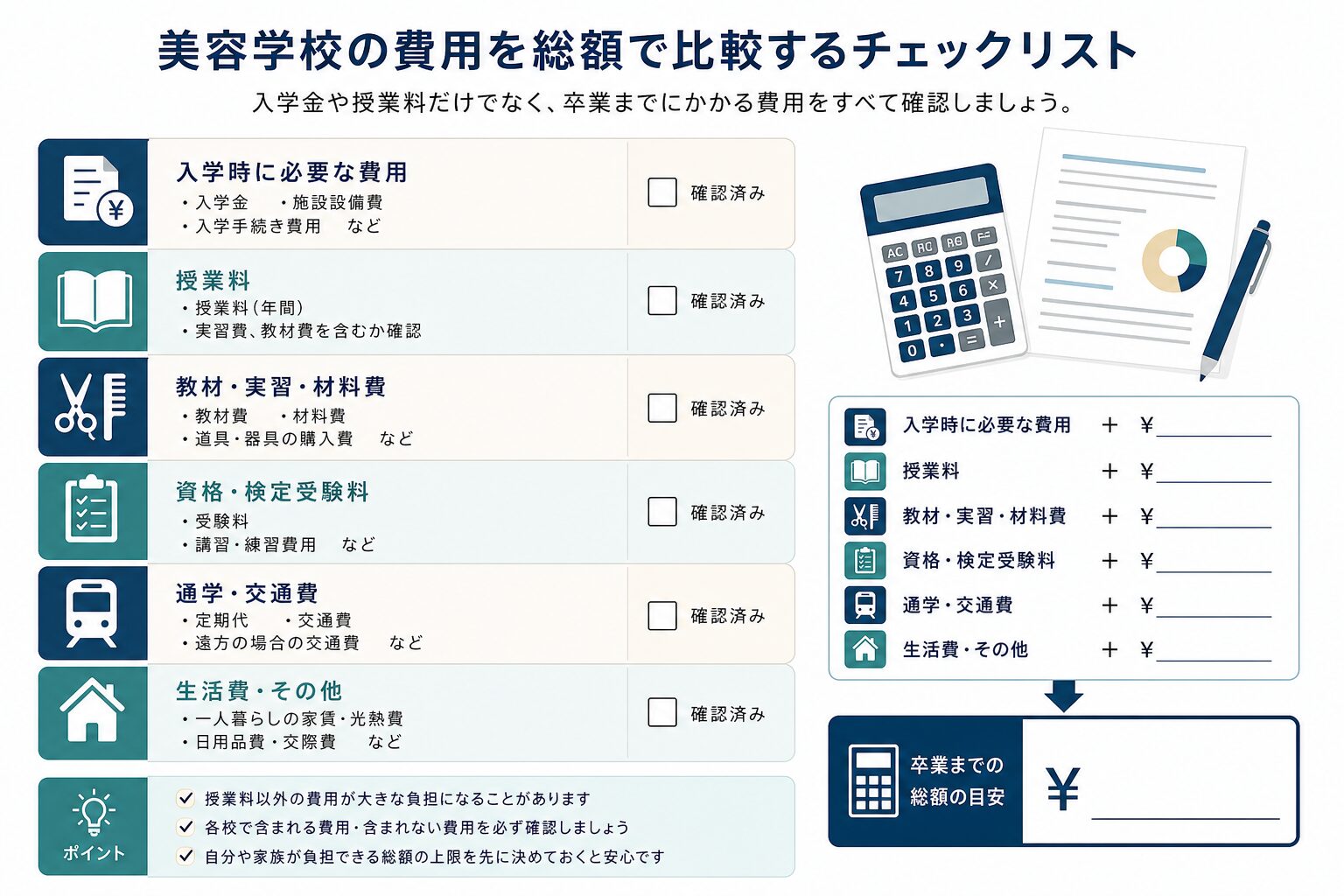 美容学校の卒業までの費用を整理するチェックリスト