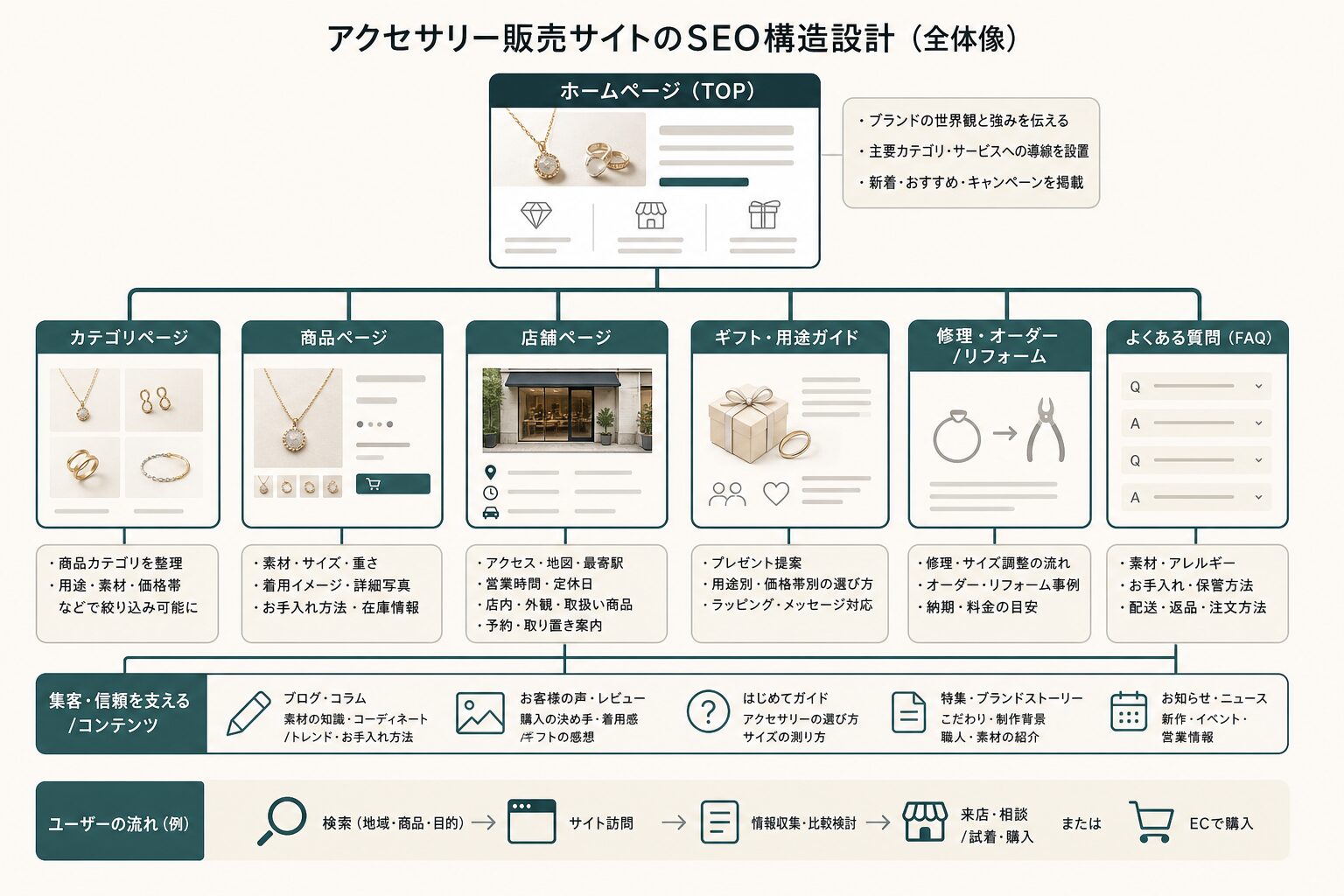アクセサリー販売サイトのSEOを意識したサイト構造イメージ